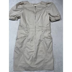 Anthropologie Lorette Seamed Khaki Pocketed Mini Dress w/Cap Sleeve Sz 8 No Belt